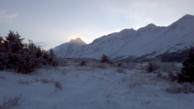 Flattop ridge from Middle Fork.  From left to right there is Ptarmigan Peak, Flaketop, Peak 3 and Peak 2.  Flattop is off the picture to the right.