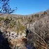 View of Indian Kichen from the top of the canyon. Once you start the descent into Lusk Creek Canyon look right for a small obscure trail. Its very short but leads out onto a bluff overlooking Lusk Creek.