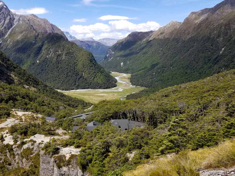 Dart Valley with the Routeburn Falls Lodge overlooking the valley