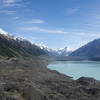 Lake Tasman with snowcapped Aoraki / Mt. Cook at the left, followed by Mt. Haidinger, Graham Saddle, De La Berche, the Minarets, and Novara Peak and Mt. Johnson (left bump).