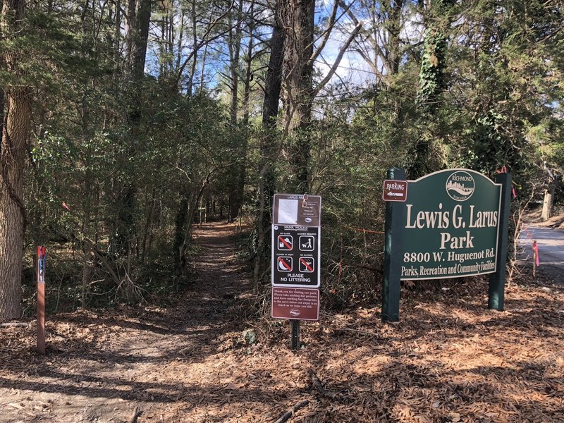 Trailhead next (behind) the Richmond Fire Station 25 on Huguenot Road. Parking seems to be limited to 3-4 vehicles.