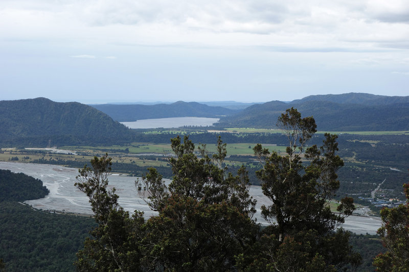 Christmas Overlook on the Alex Knob Track showing the Waiho riverbed with Lake Mapourika in the distance