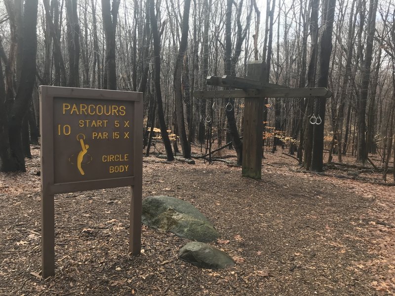 Exercise stations are scattered along this trail