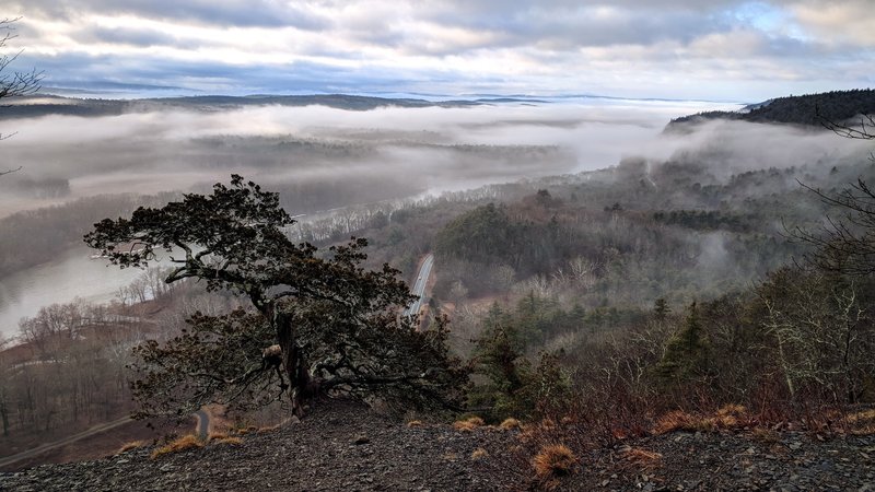 A foggy, late winter morning looking down on the Delaware River and Route 209 from Cliff Park Trail in the Delaware Water Gap National Recreation Area