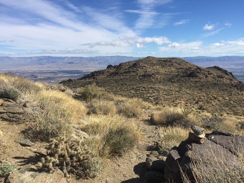 Looking north over La Quinta and the Coachella Valley.  This photo shows a typcal trail marker in foreground.