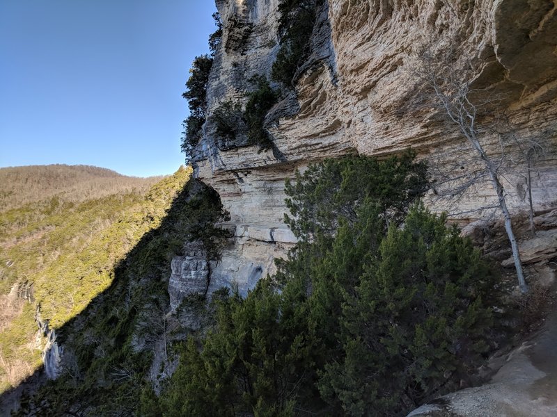 The trail follows this rock face. Dont worry the trail is wide.