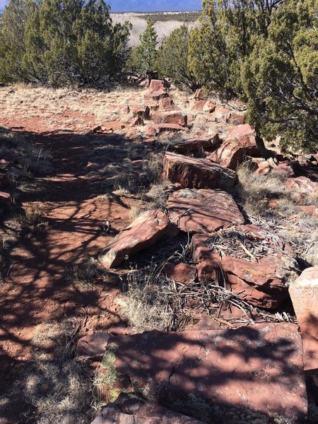 The remnants of the old Spanish Mission Corral rock wall fence.