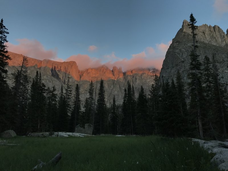 Magic as dusk unfolds on the peaks above the meadow at campsite 11.