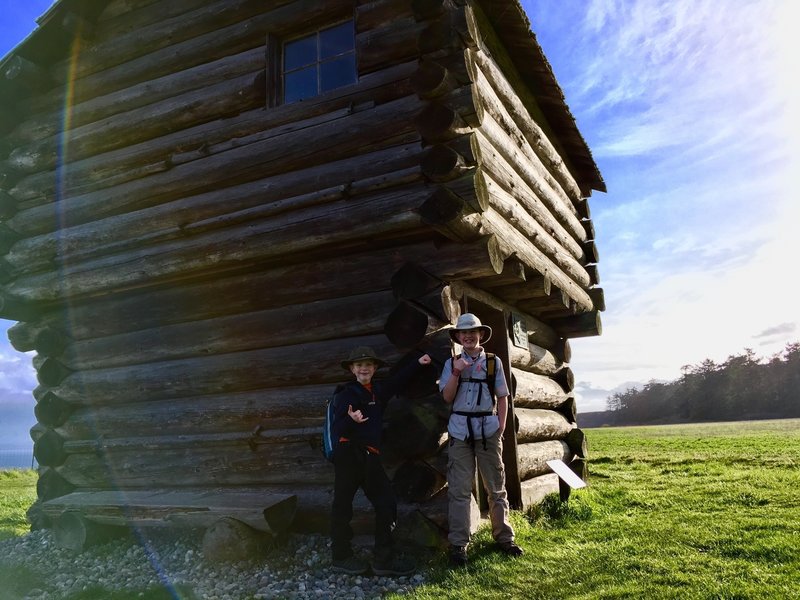 Hiker in front of the blockhouse.