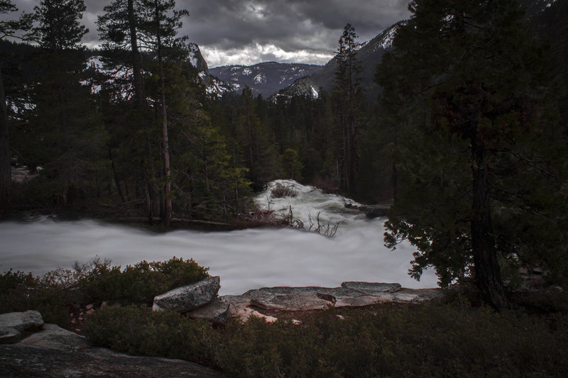 Cascade Viewpoint during flooding period. Looking out towards Lover's Leap and Western Sierra.