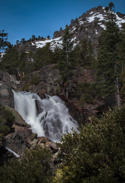 Glen Alpine Falls during near-peak flow with the southwest face of Mount Tallac in the background.