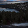 Top of Cascade Falls overlooking Cascade Lake shortly before sunset. Lake Tahoe and surrounding peaks in background.