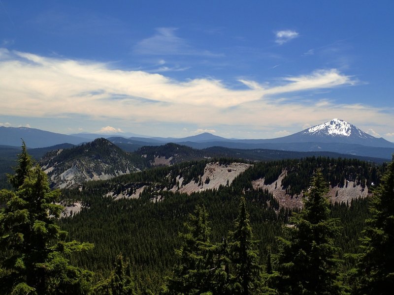 Looking south toward Mount Shasta on the horizon and Mount McLoughlin on the right