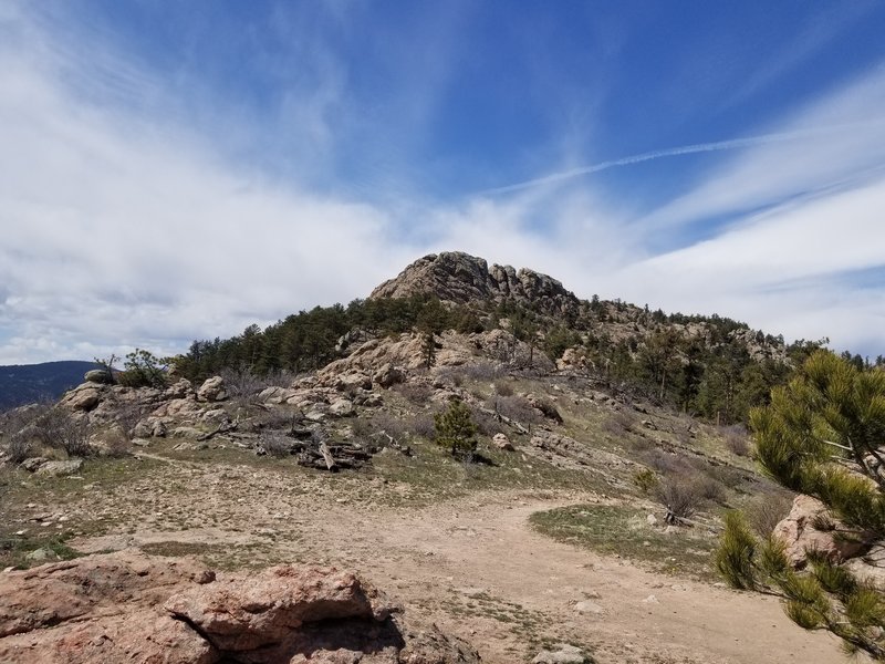 View of Horsetooth Rock from about 0.75 miles southeast. This is the trail leading to the top.