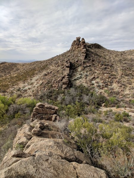 Atop the dike formation. Brush around the dike discourages scaling it but getting to the top is not difficult.