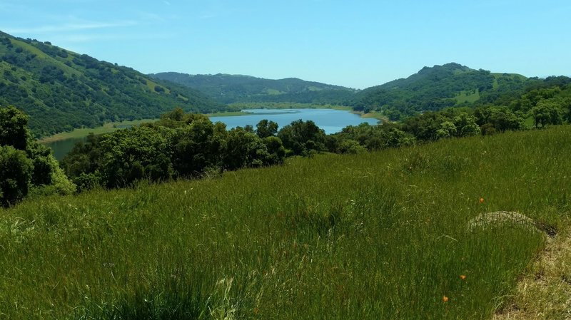 Coyote Lake and surrounding hills - Palassou Ridge on the left, and Mummy Mountain on the right, seen from the high point of Calaveras Trail.