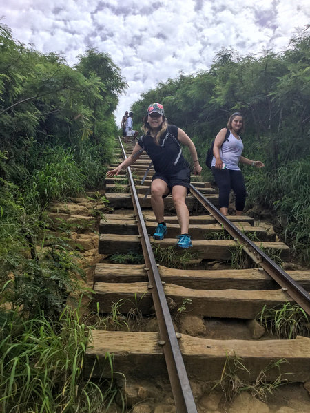 Hiking down the steep railroad ties is even more difficult.