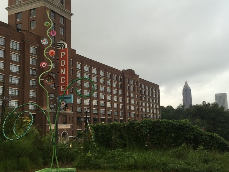 Just before crossing the Ponce de Leon Bridge, one gets a great view of the Ponce City Market Building and surrounding skyline.