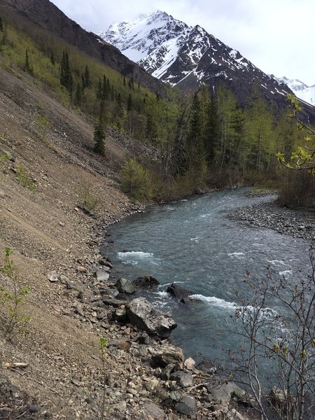 Side stepping the East Fork of the Eklutna River on a scree slope.