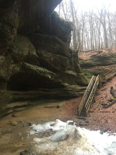 The first waterfall and the stairs leading up to the top of the hill