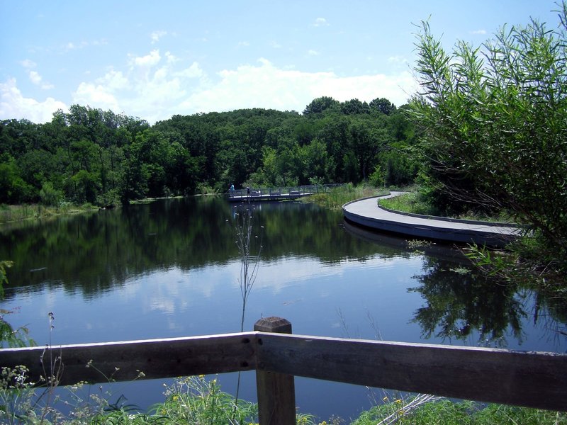 South Pond, looking at the fishing pier from the outdoor classroom