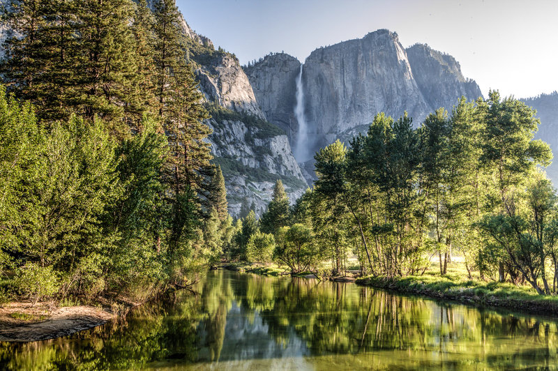 View from bridge on Yosemite Falls and Merced River