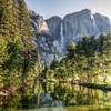 View from bridge on Yosemite Falls and Merced River