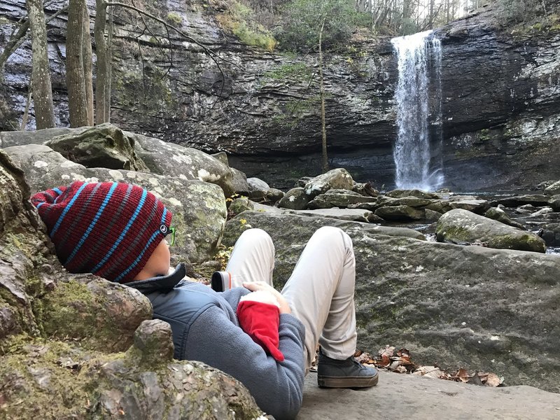 Enjoying a moment of quiet at Cherokee Falls