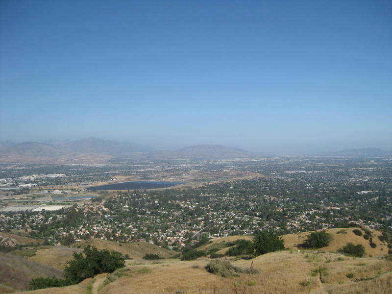 View to the southeast - Van Norman Reservoir in the middle distance; Verdugo Mountains, San Gabriel Mountains, and Burbank in the distance