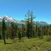 Lassen Peak on the left, and Chaos Crags towards the right, looking west from a ridge near the start of Echo Lake/Twin Lakes Trail. The trail goes through low growing manzanita dotted with firs here.