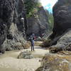 Standing between two sea stacks.