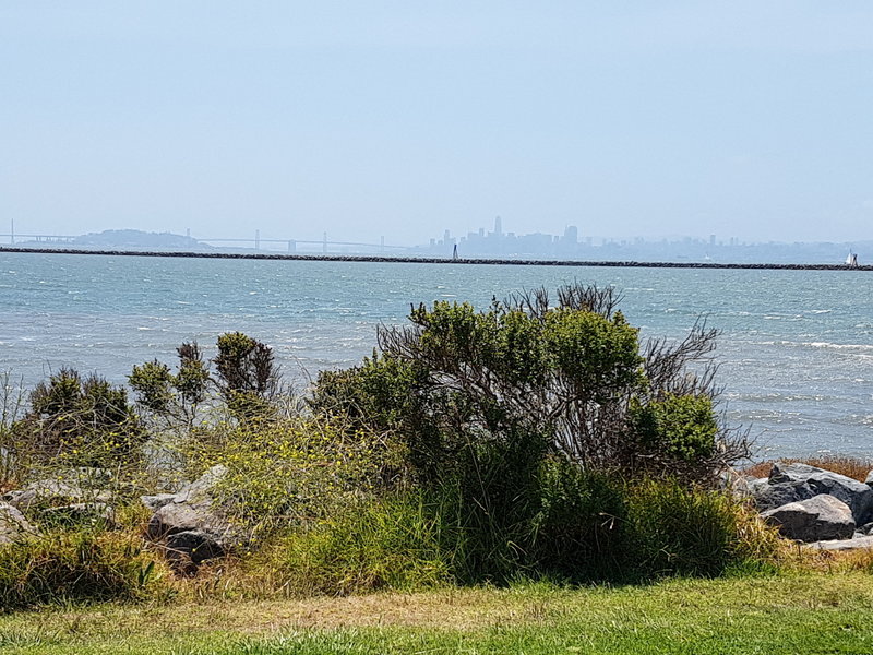 Hazy view of San Francisco and the Bay Bridge from the trail