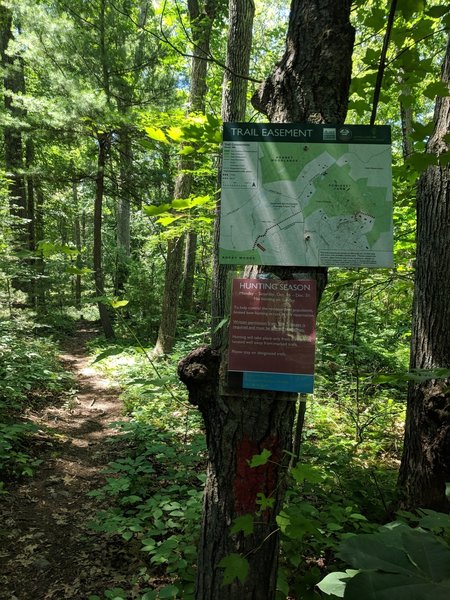 Rock Woods trail map showing the trail easement connecting Rock Woods with Powissett Farm. Note, photo is taken from trailhead looking towards Rock Woods, Powissett Farm is opposite direction for reference when on trail.