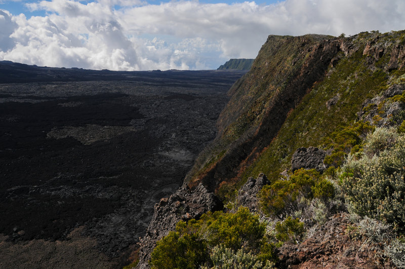 A fresh burn area up the side of the rampart from the 2018 lava flow