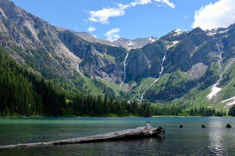 Amazing sunny day at Avalanche Lake with all of the falls flowing.