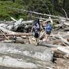 Crossing the driftwood pile to get to the beach