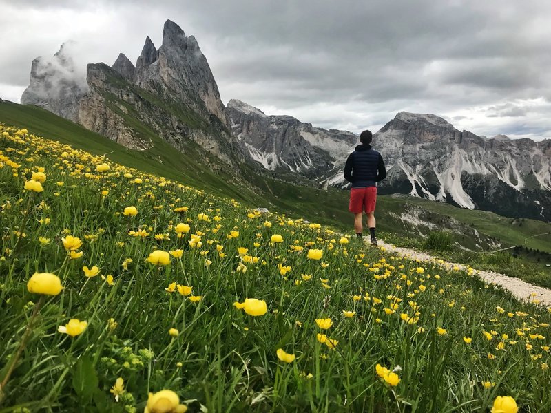 Taking in the spectacular scenery from near the Seceda summit.