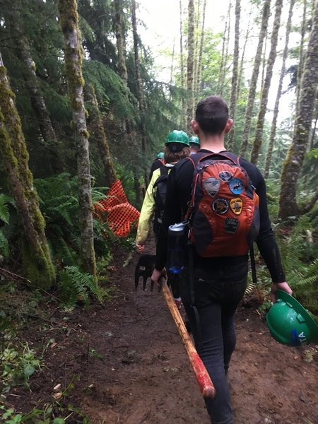 Hiking back down after a long day of work.