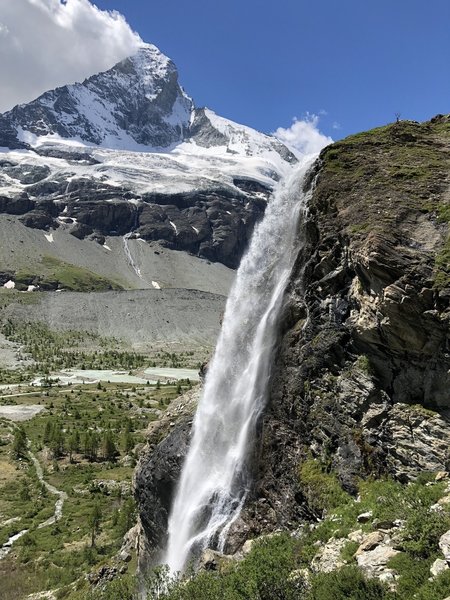 Waterfall with the Matterhorn as a backdrop.