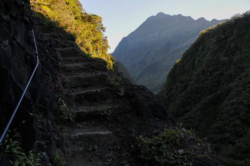 A great example of the excellent trail construction along Sentier Scout with a view down Bras Bemale's ravine.