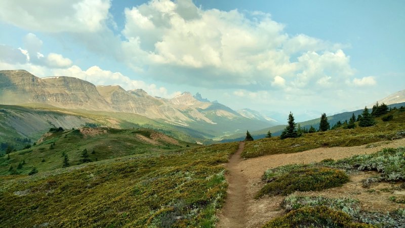 The rolling meadows around Pobotkan Pass with mountains to the southwest in the distance beyond stream valleys.