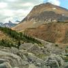 Headwaters of the Brazeau River run far below an unamed peak, as seen when descending the north side of Nigel Pass on the South Boundary Trail.