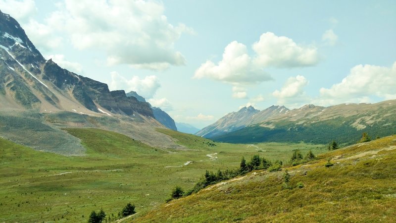 The Jonas Creek valley at the creek's headwaters. The Poboktan Creek valley is over the next ridge and runs through the gap between the two mountain chains.