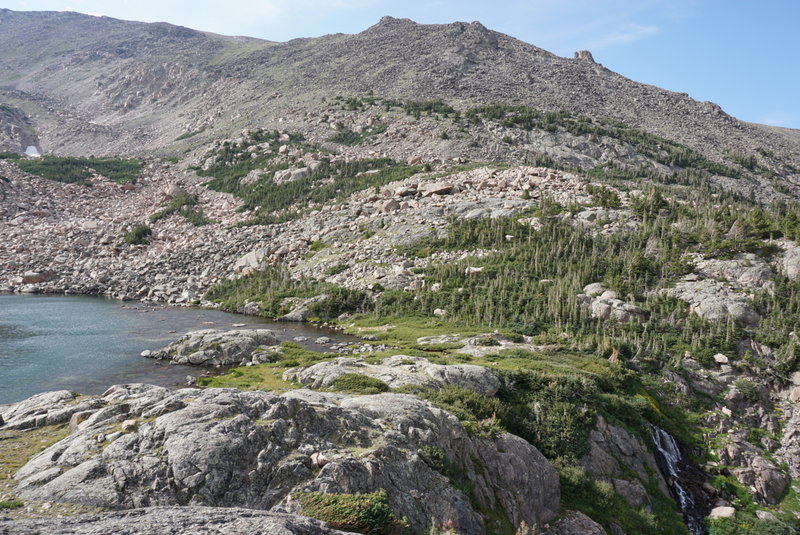 Emmaline Lake, with runoff feeding a waterfall