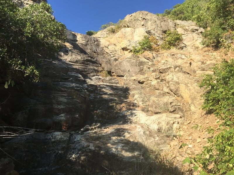 In spring this would be a waterfall. This is the Hornet Creek drainage just above where the trail crosses it. Climb up the drainage to reach the cliff tops.