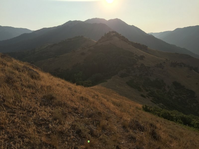 A view of the 5th crux atop the 4th crux. Climb to the saddle, then traverse along the right side of the next ridge peak.