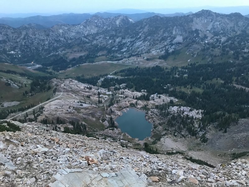 A view down to Cecret Lake and Albion Basin from Sugarloaf (Cecret Lake is over 1000 feet below the summit of Sugarloaf)