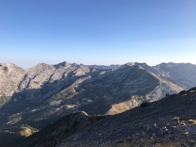 Views of parts of the Bullion Divide (including American Fork Twin Peaks, Red Baldy, White Baldy) and some of the peaks to the south of the divide (Pfeifferhorn, etc.), from the summit of Box Elder