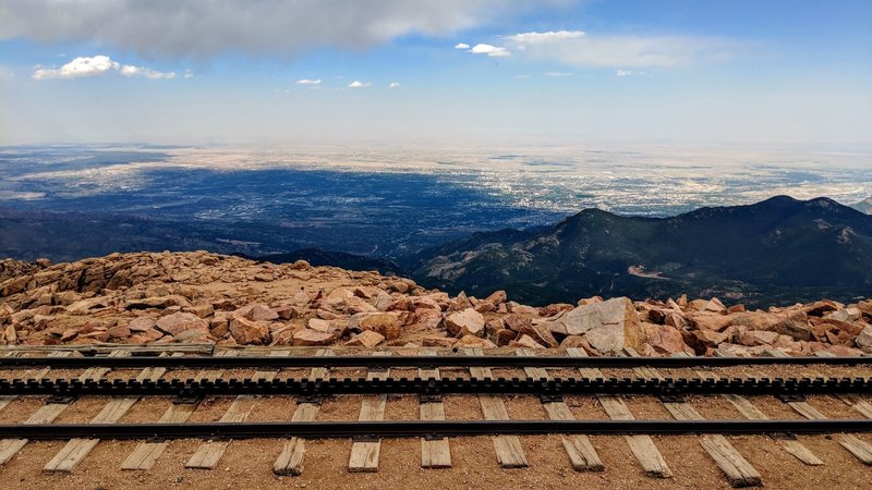 Looking over the now defunct cog rail line at the summit of Pikes Peak, Colorado