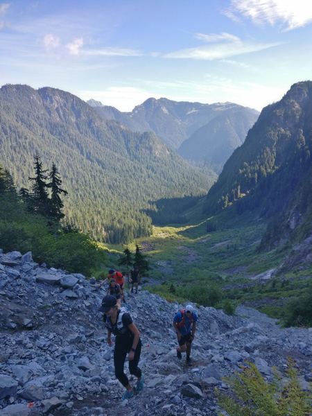 Ascending the rubble field up to Hanes Pass